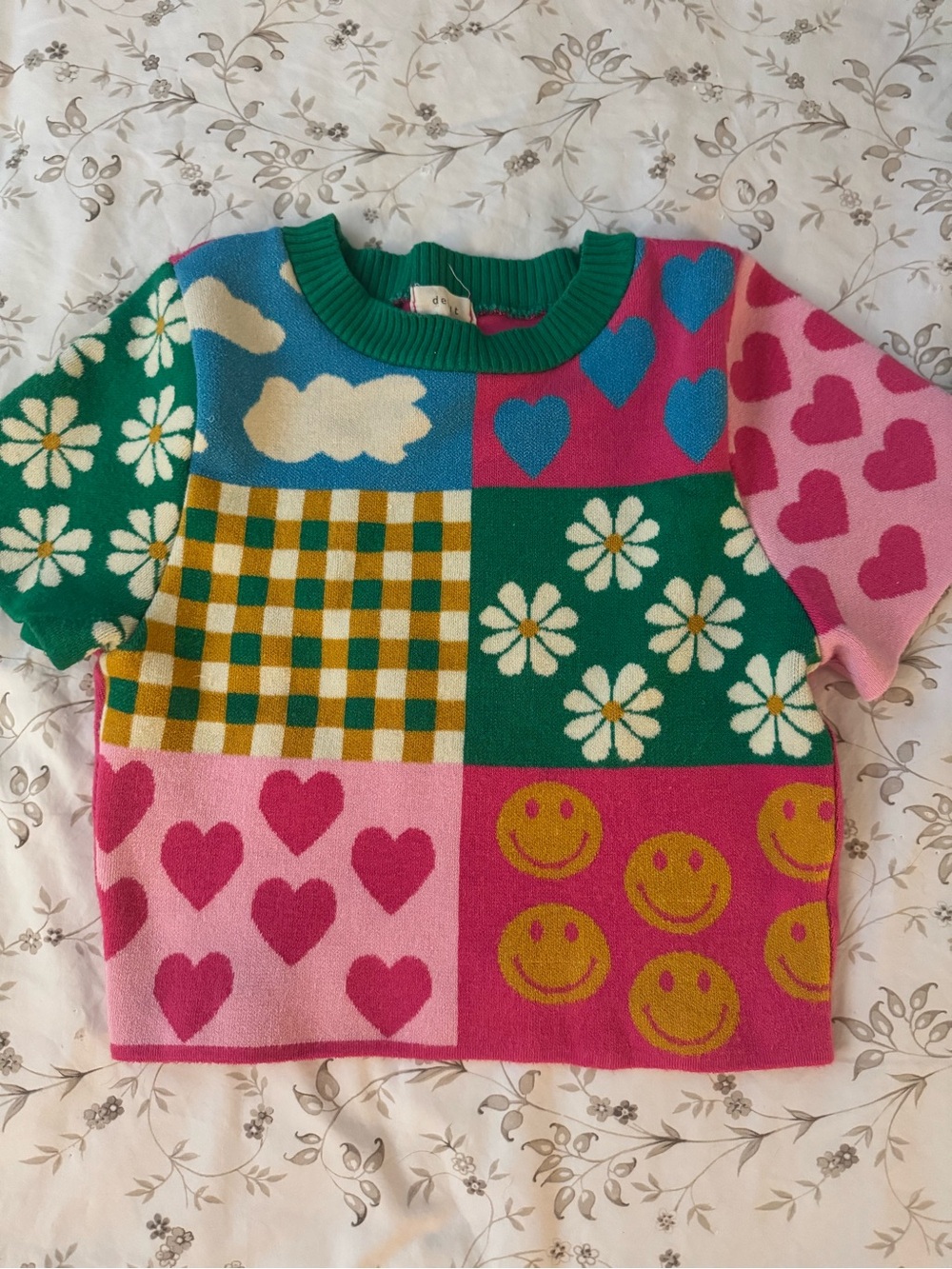 Colorblock Knit Short-Sleeve Sweater with Hearts, Daisies & Smiles